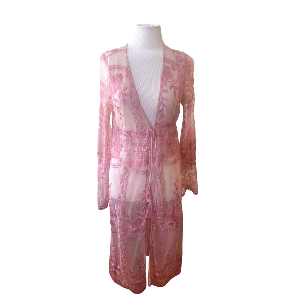 Haute Monde swim coverup Sz S  Mesh pink embroidery Sheer Tassel Tie Kimono‎